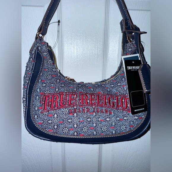 NWT True Religion Blue and Red Small Hobo Bag with Metallic Accents - Picture 7 of 10